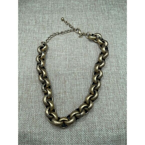 Chico’s Large Chain Link Necklace Brushed Gold Tone Logo Tag - Picture 3 of 9